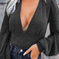 Gray Deep V Neck Bubble Sleeves Ribbed Bodysuit