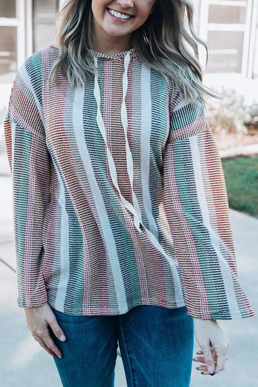 Striped Drop Shoulder Textured Knit Hoodie