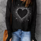Black Rhinestone Heart Shape Print Long Sleeve Top