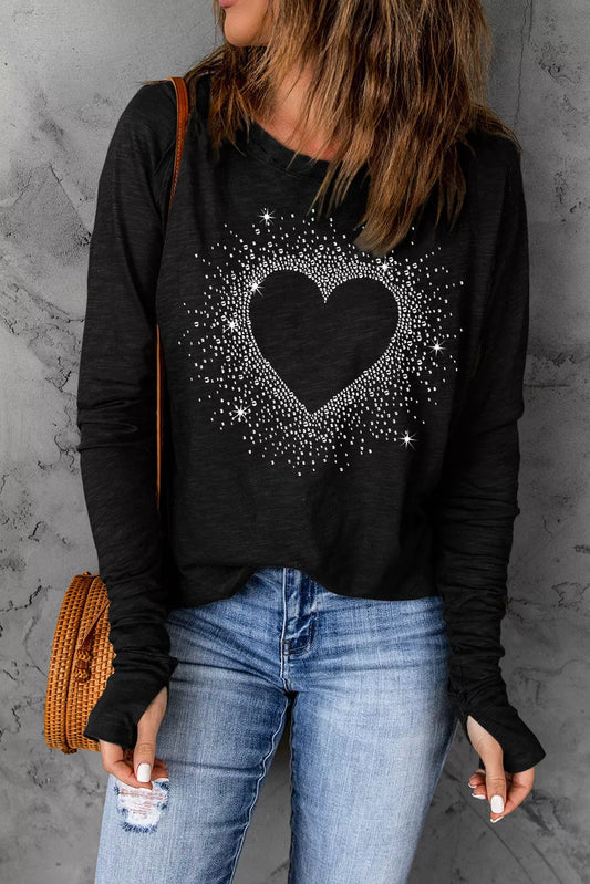 Black Rhinestone Heart Shape Print Long Sleeve Top