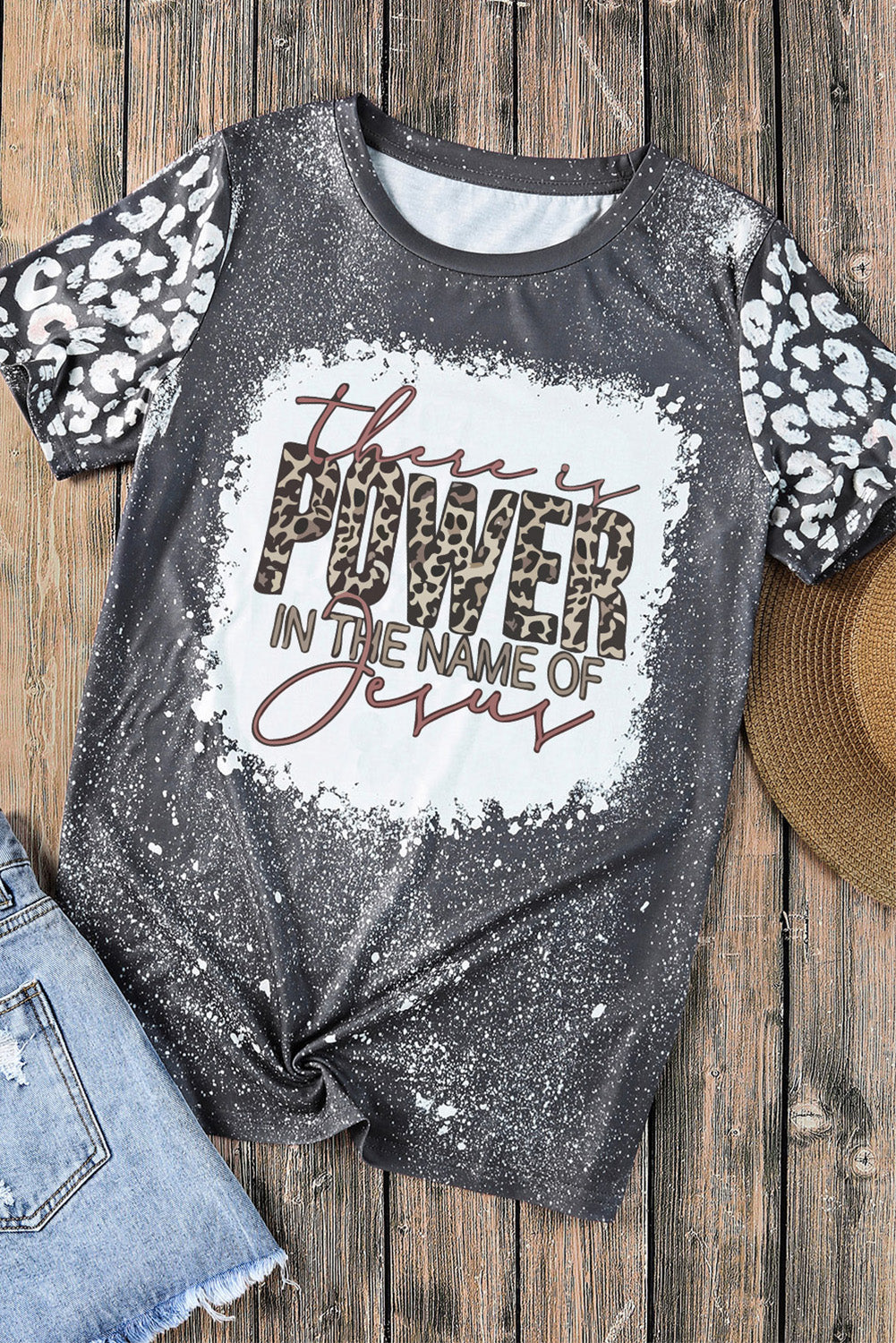 Gray POWER Slogan Leopard Bleached Print Short Sleeve T Shirt