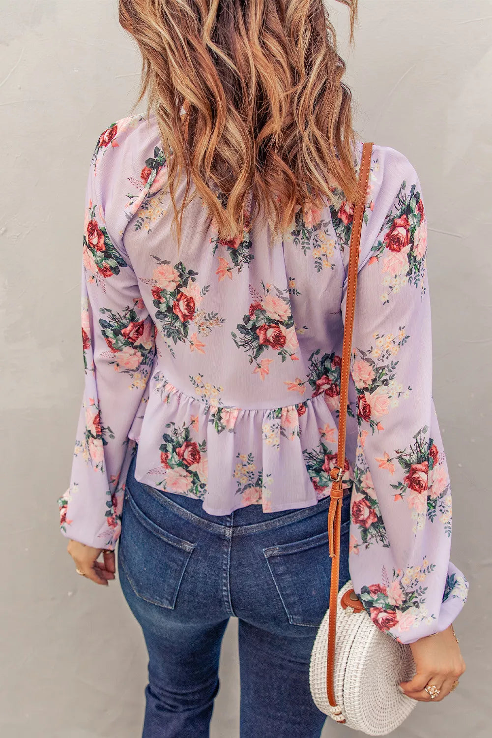 V Neck Balloon Sleeve Twist Front Floral Blouse