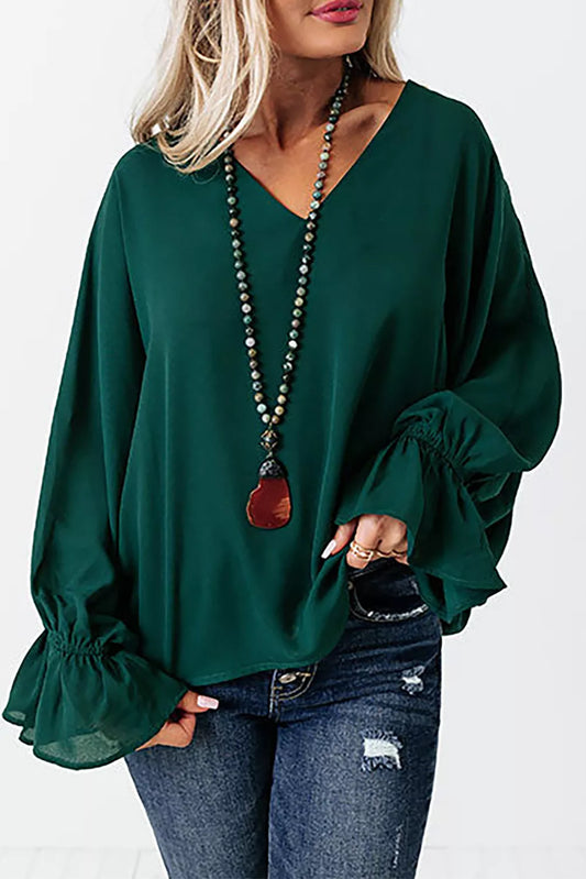 Green Flared Cuff Bishop Sleeve Blouse