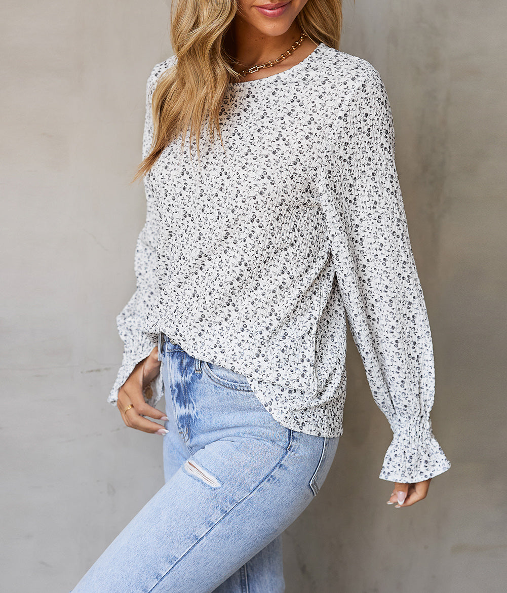 Floral Printed Crinkled Ruffled Bubble Sleeve Blouse