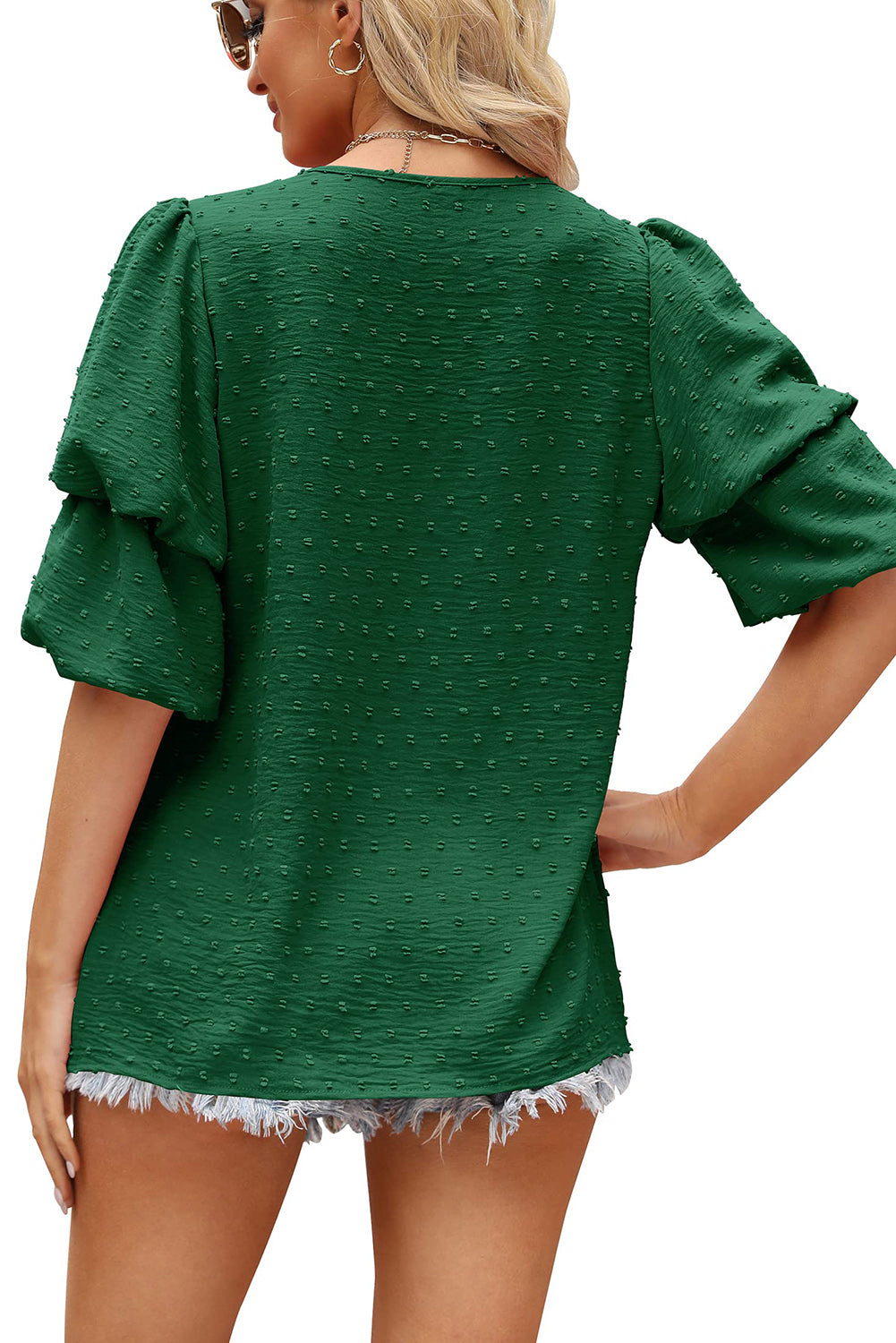 Green Swiss Dot Double Puff Sleeve Blouse