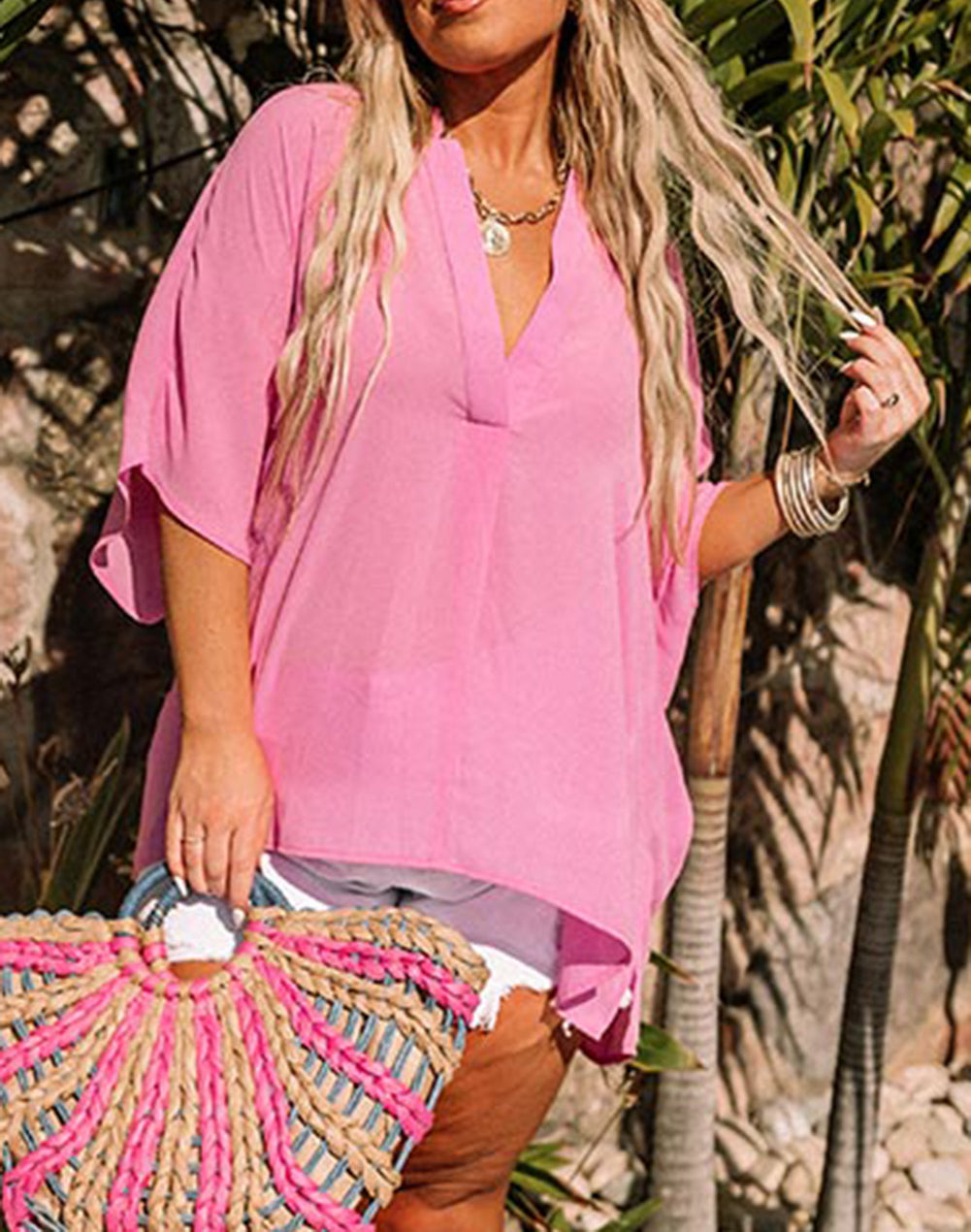 Pink Plus Size Flowy V Neck Blouse