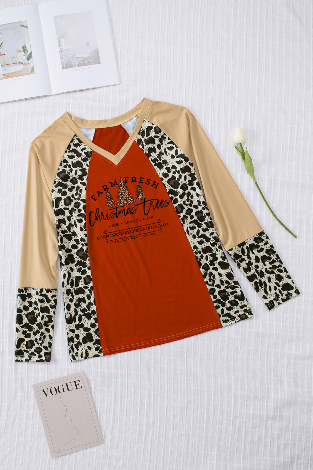 Brown Christmas Tree Leopard Color Block V Neck Top