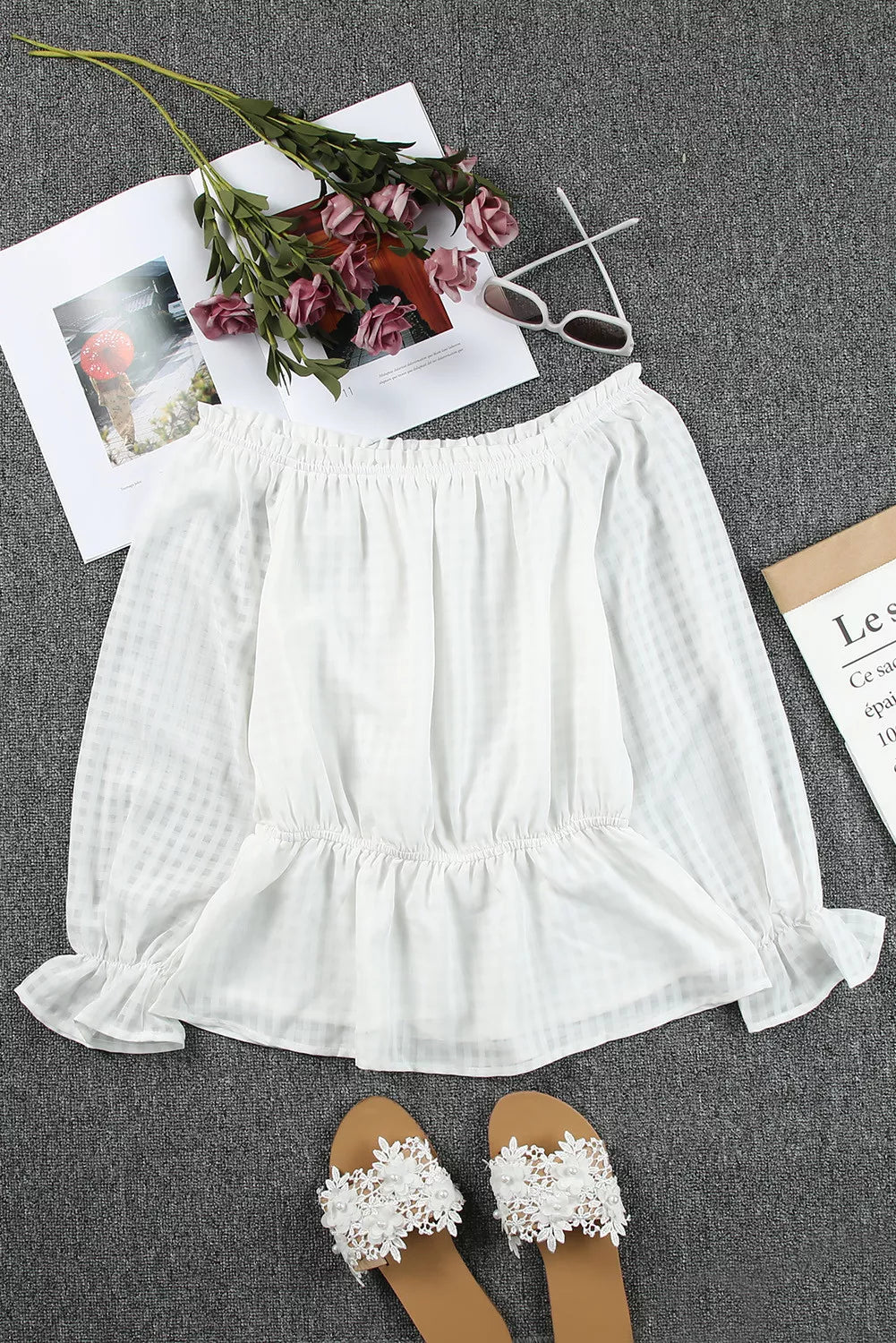 White Lattice Frilled Off Shoulder Cinched Waist Peplum Blouse