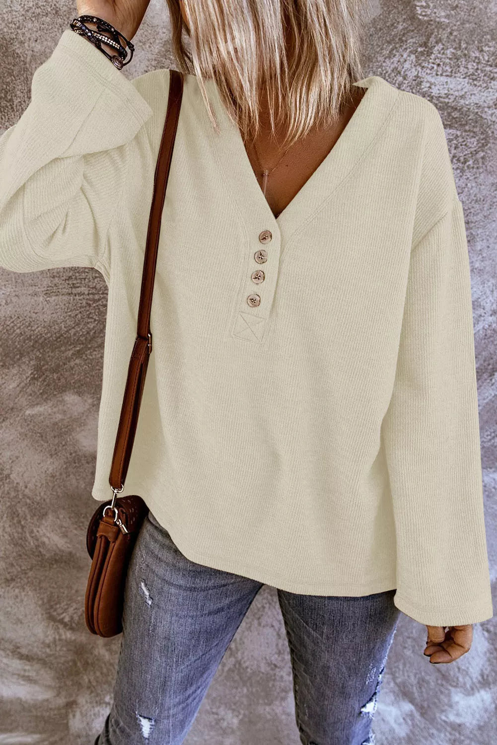 Apricot V Neck Buttons Drop Shoulder Ribbed Knit Top
