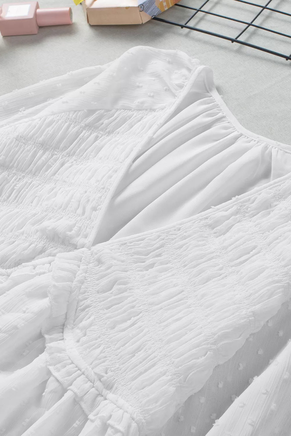 White Swiss Dot Smocked Ruffled V Neck Top