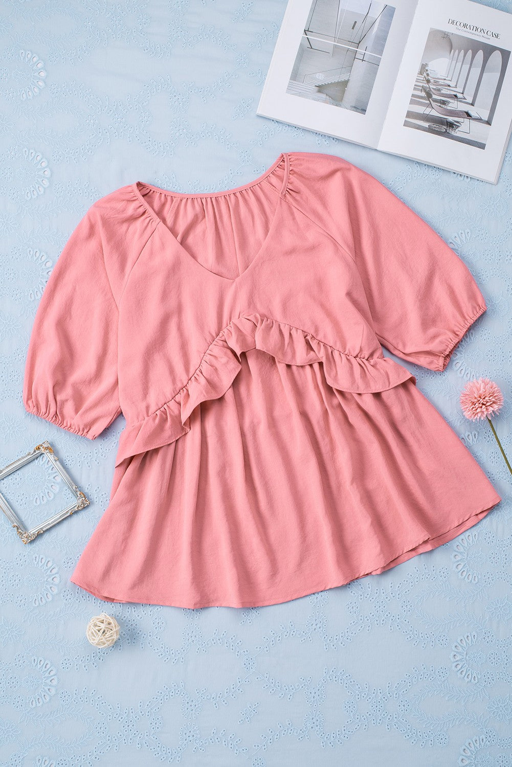 Pink Ruffled Half Sleeve V Neck Babydoll Top
