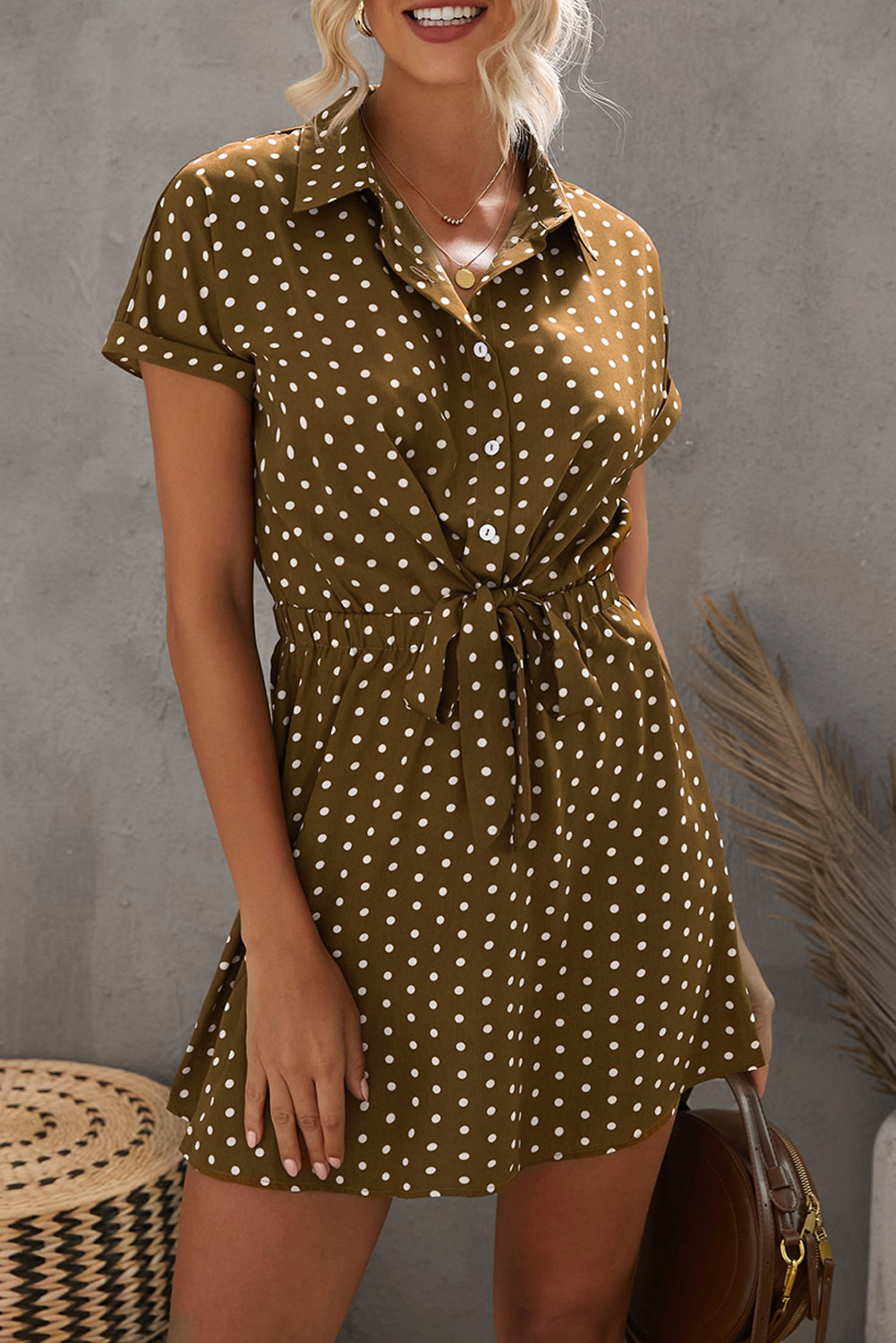 Dot Shirt Collar Short Sleeve Mini Dress