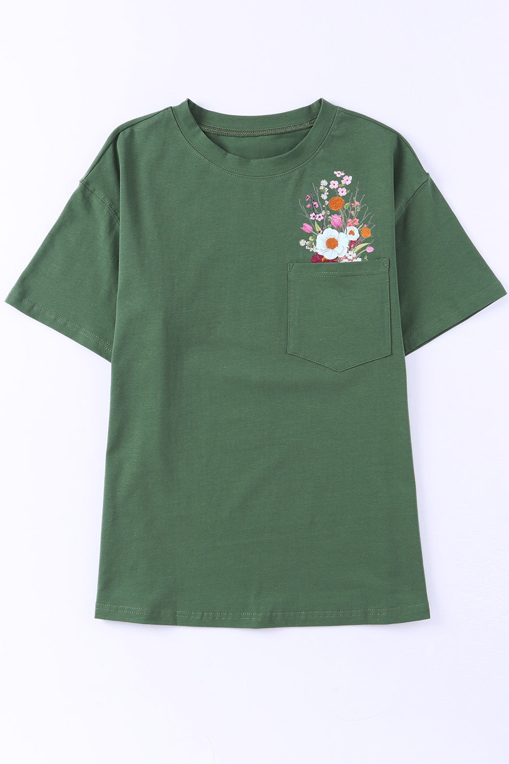 Green Floral Pocket Casual Short Sleeve Tee