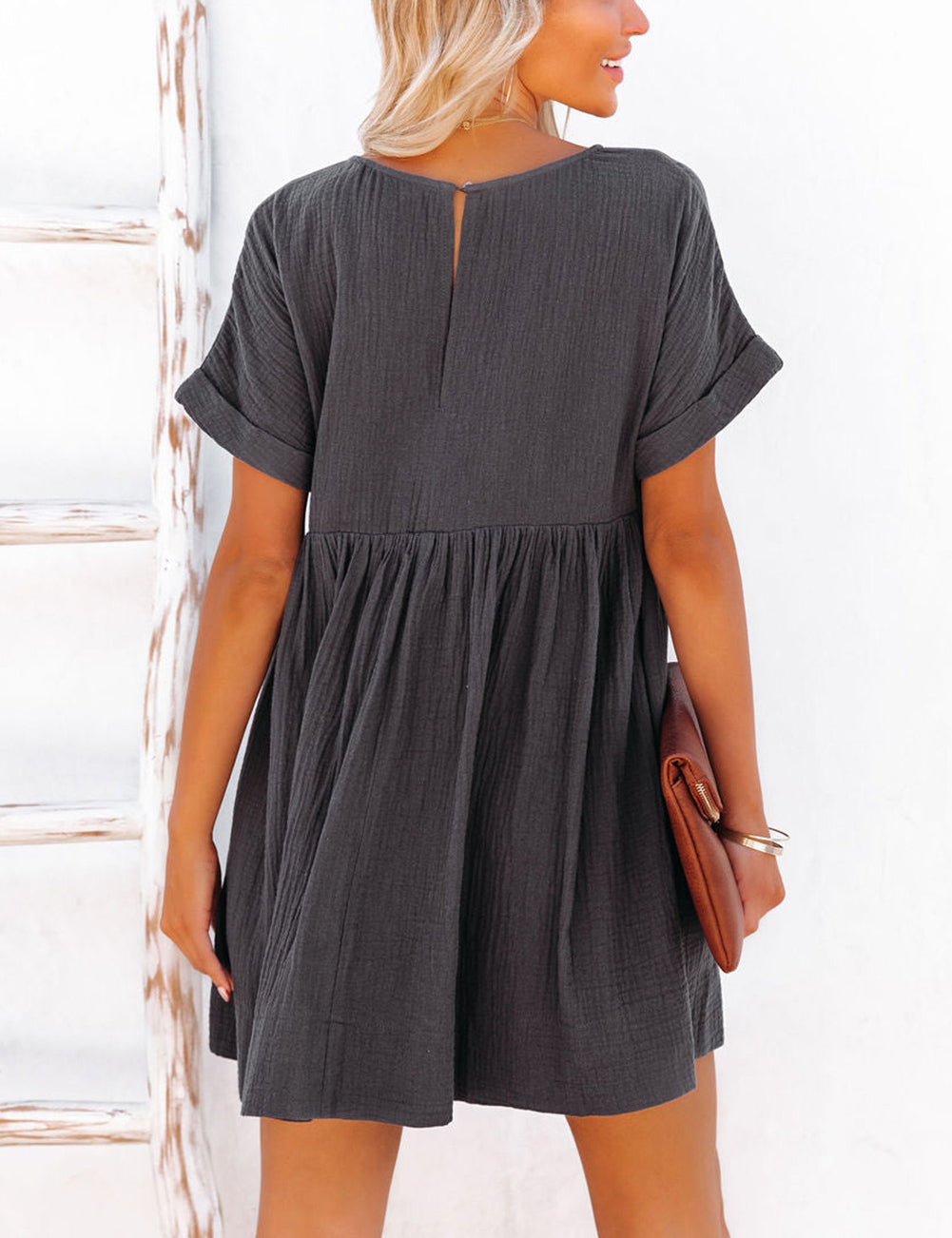 Gray Roll Up Short Sleeve V Neck Babydoll Mini Dress