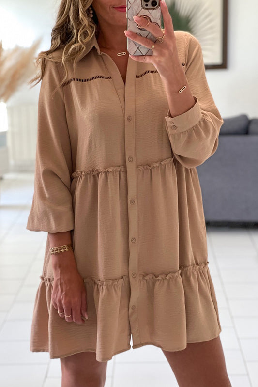 Khaki Tiered Frilled Button-up A-line Mini Dress