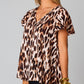 Brown Flutter Sleeves Leopard/Abstract Print V Neck Top