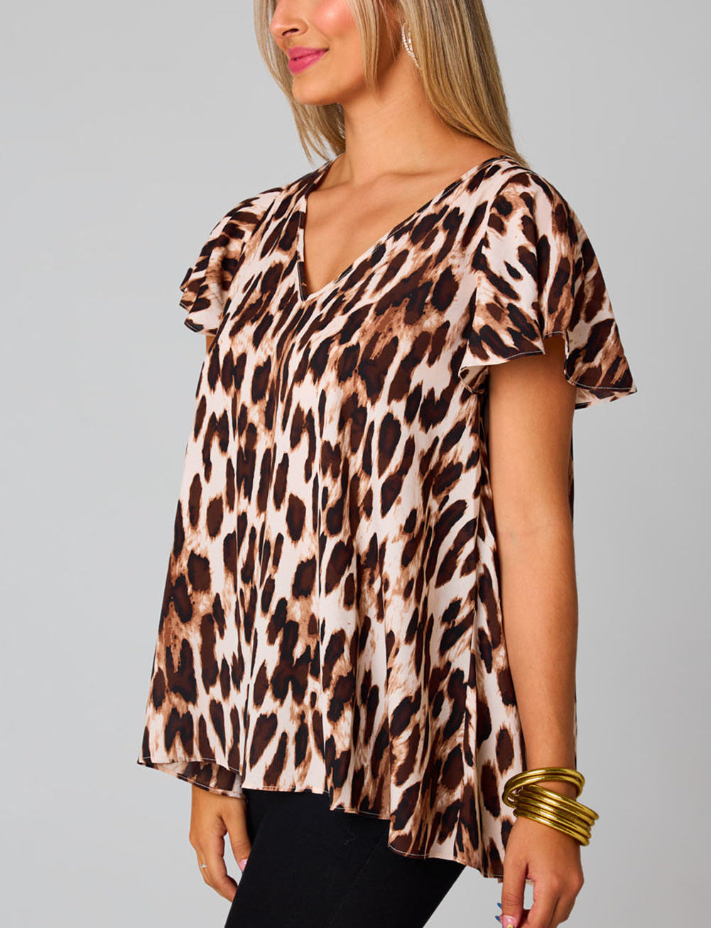 Brown Flutter Sleeves Leopard/Abstract Print V Neck Top