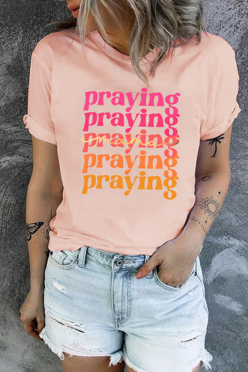 Pink mama Praying Letter Graphic Print T Shirt