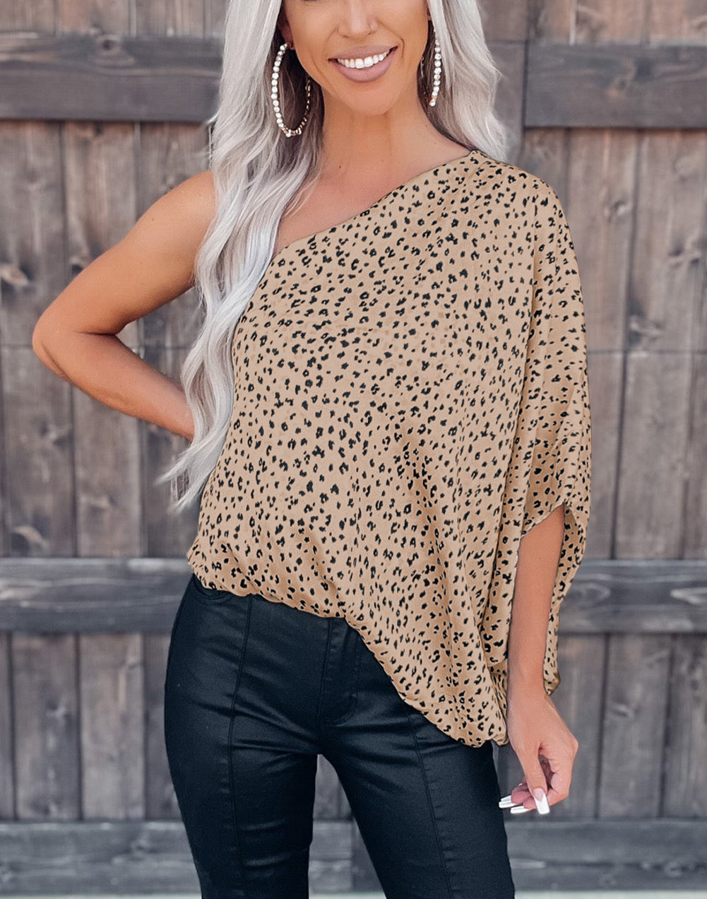Khaki Leopard Asymmetric One Shoulder Blouse