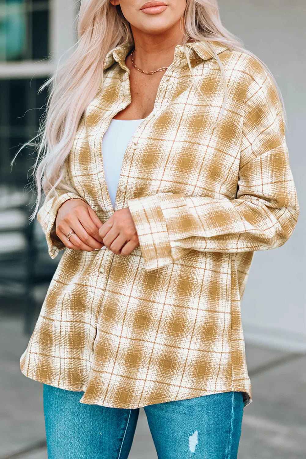 Yellow Turn Down Collar Plaid Shirt