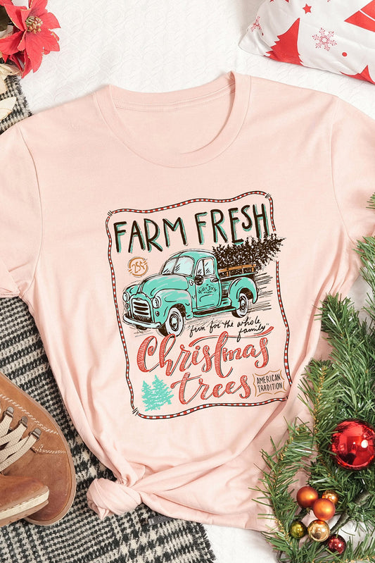 Pink Christmas Trees Truck Graphic Print Short Sleeve T Shirt