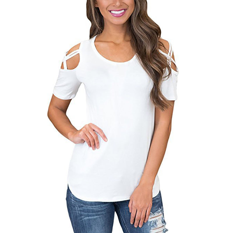 Round Neck Short Sleeve Off Shoulder Panel Top