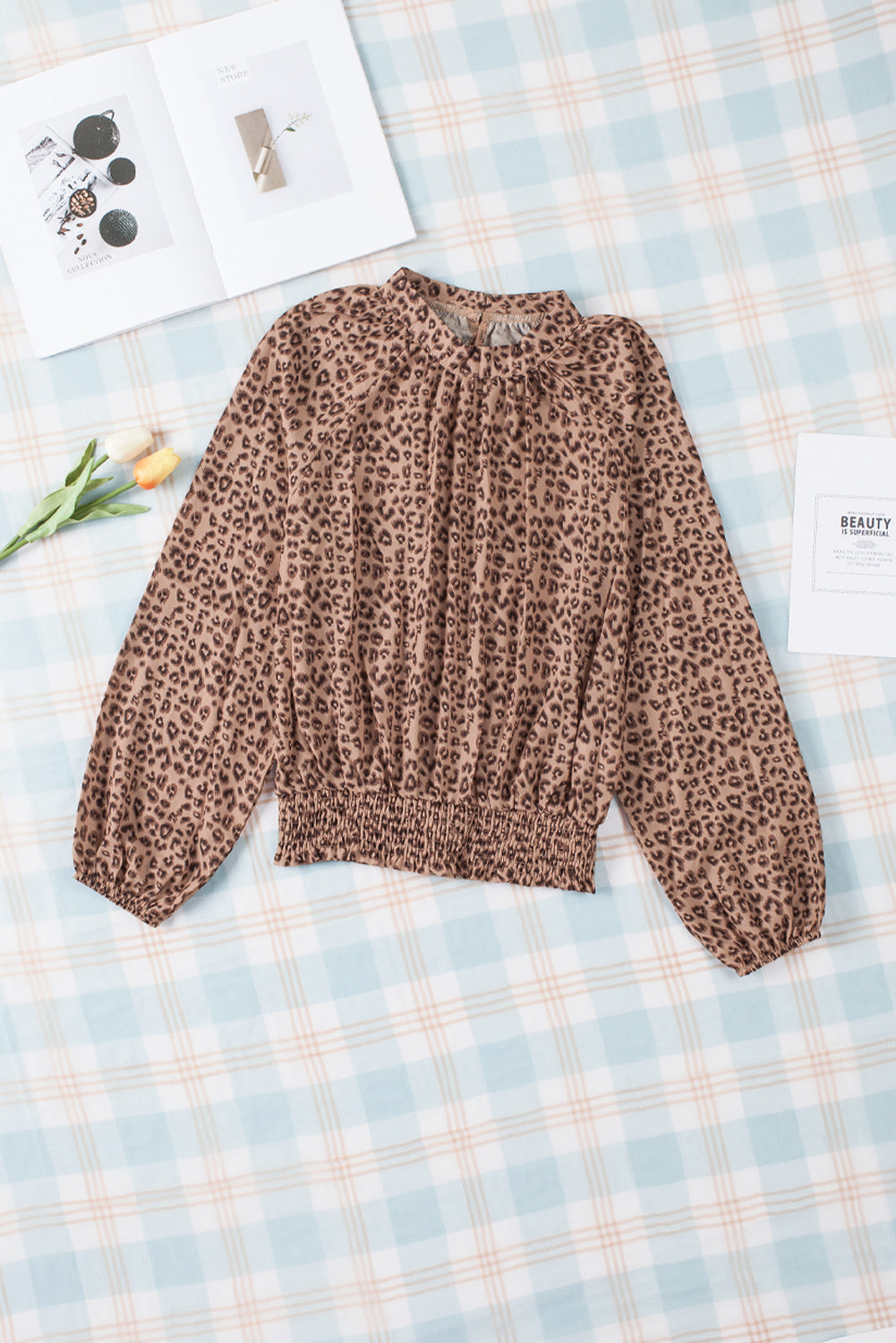 Leopard Bubble Sleeves Smocked Blouse