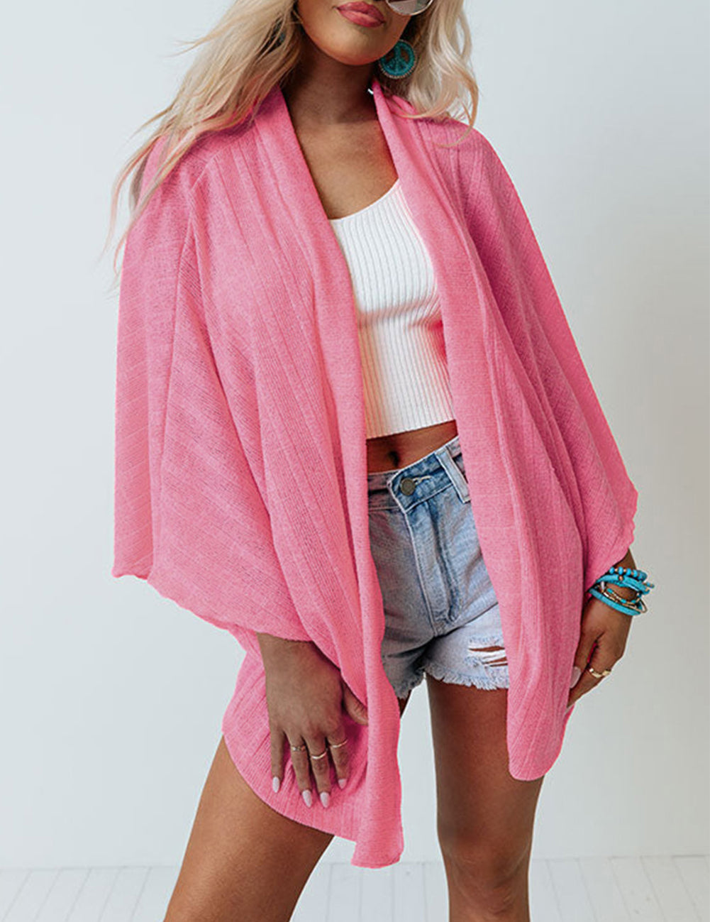 Pink Open Front Kimono Sleeves Knit Cardigan