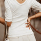 White Round Neck Half Sleeve Ribbed Knit Top