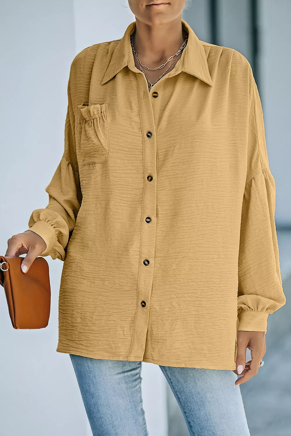 Frill Pocket Drop Shoulder Puff Sleeve Shirt
