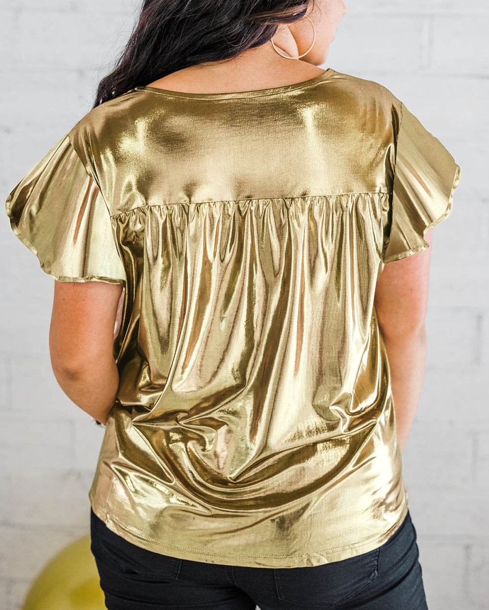 Gold Plus Size Floral Embroidered Short Sleeve Top