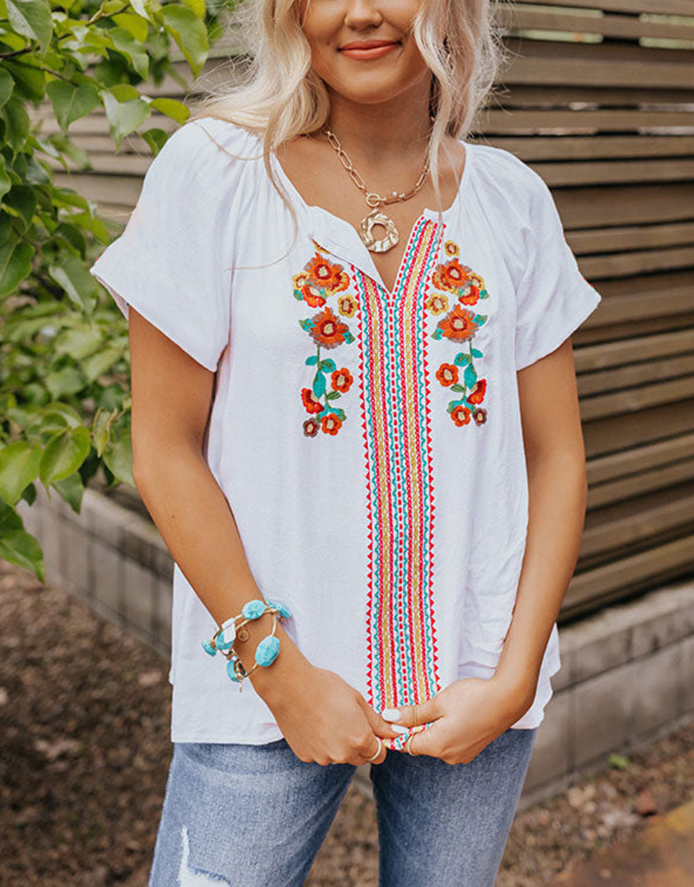 Short Sleeve V Neck Floral Embroidered Blouse