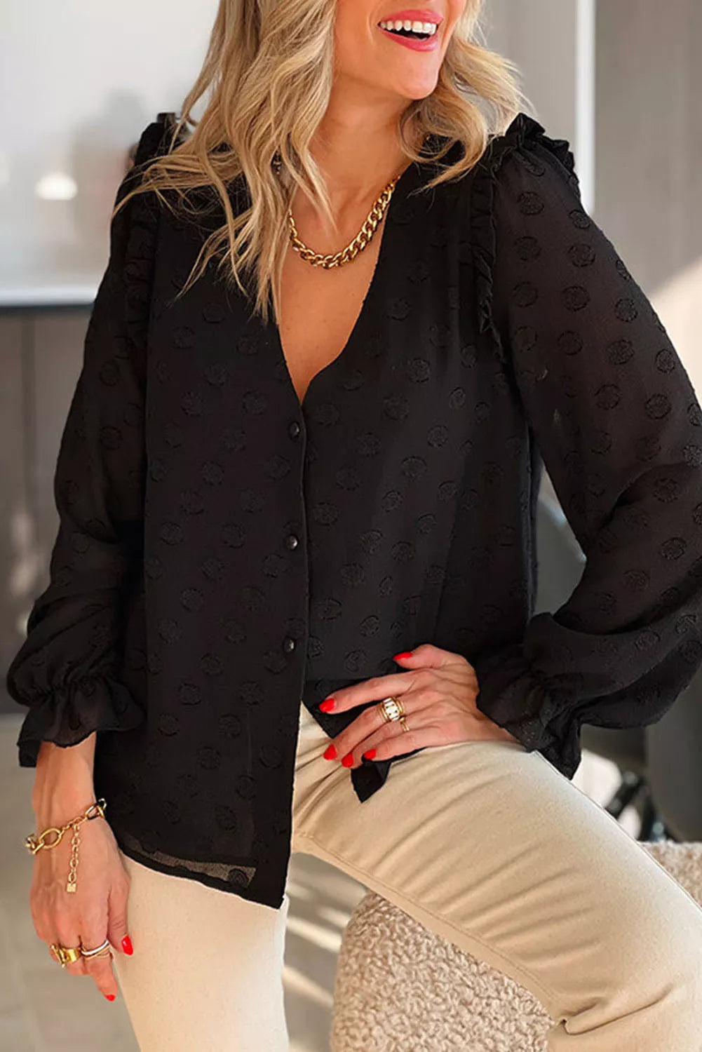 Turn-down Neck Swiss Dot Texture Sheer Shirt