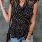 Black Floral Print Belted Ruffled V Neck Sleeveless Top