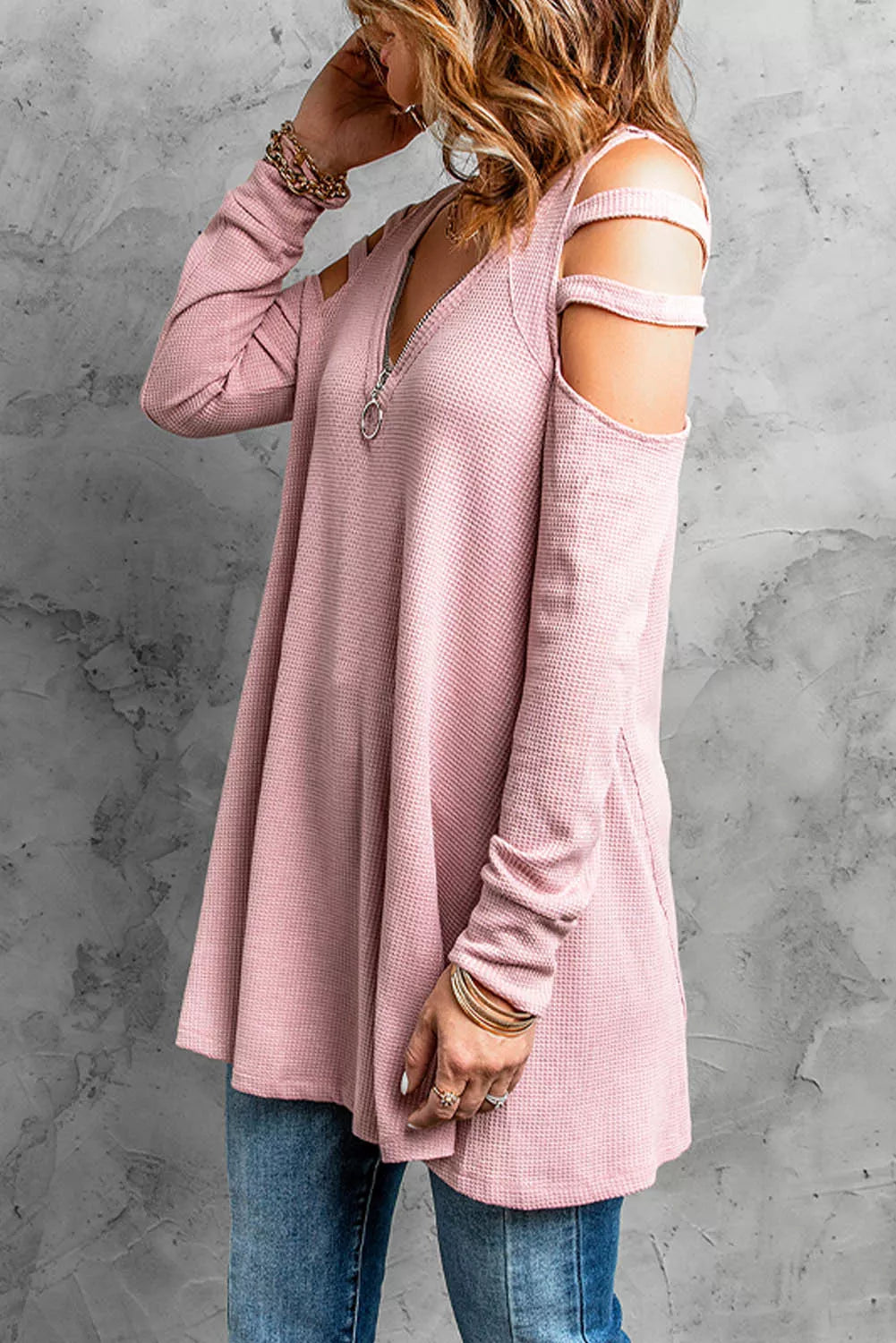 Zip Neck Cut-out Waffle Knit Long Sleeve Top