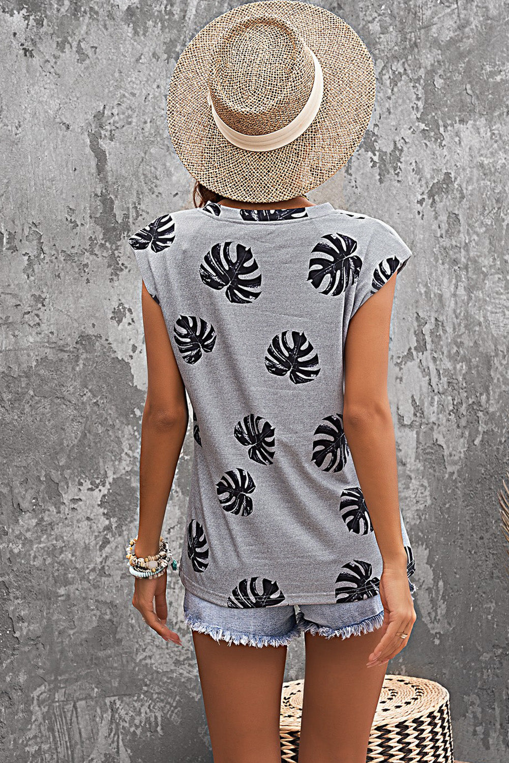 Gray Palm Leaves Crew Neck Tank