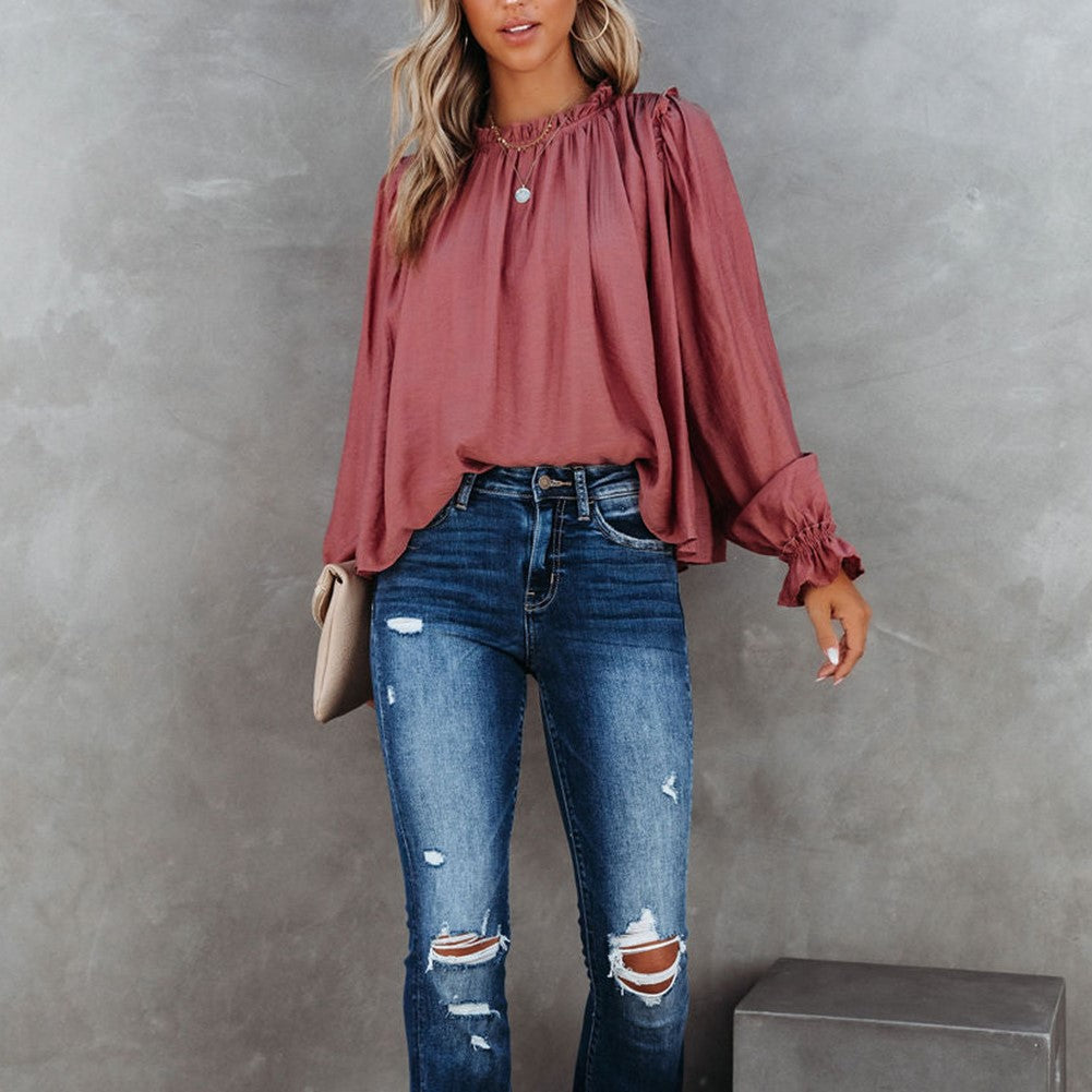 Frilled Neck Ruffled Long Sleeve Blouse