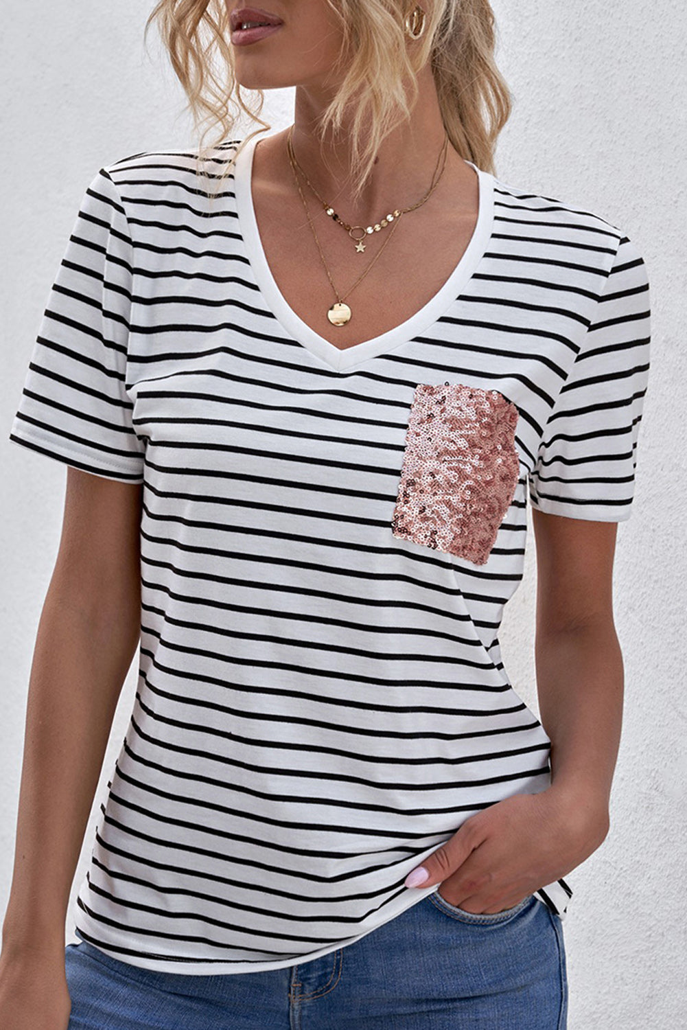 V Neck Striped T-shirt with Patch Pocket