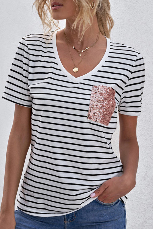 V Neck Striped T-shirt with Patch Pocket