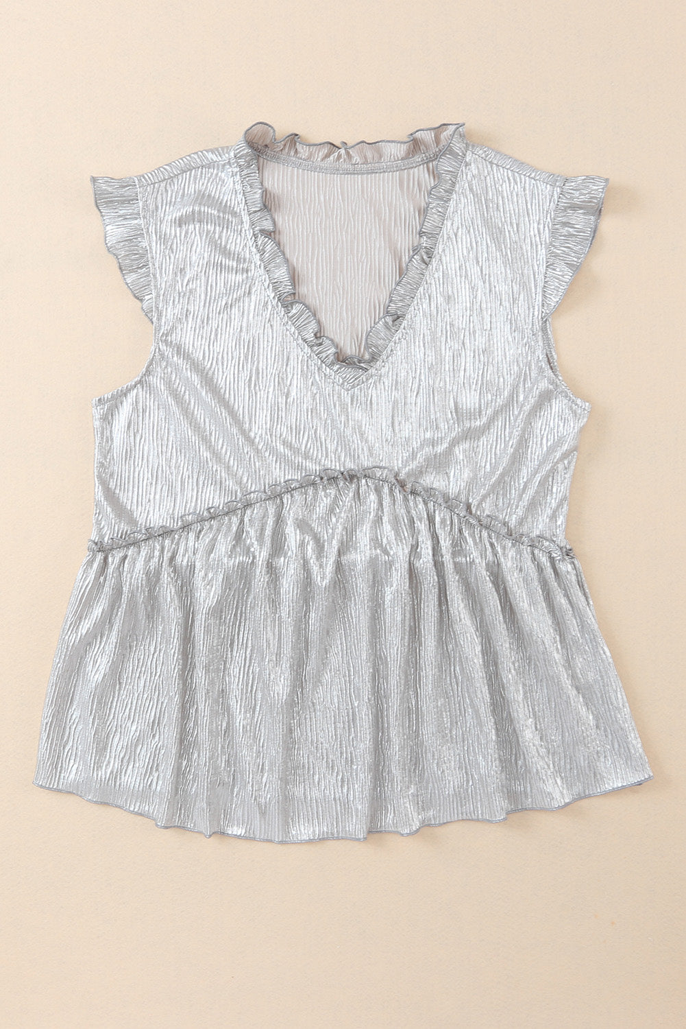 Frilled V Neck Metallic Crinkle Blouse
