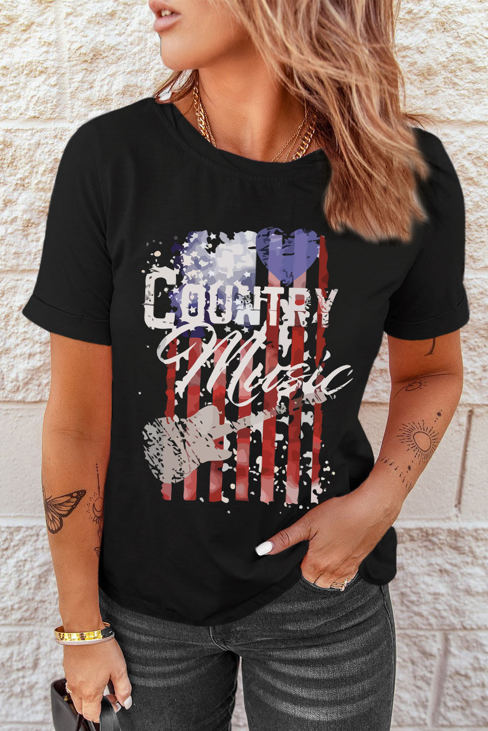 Black Country Music American Flag Print Short Sleeve T Shirt