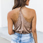 Apricot Lace Neckline Sleeveless Satin Bodysuit