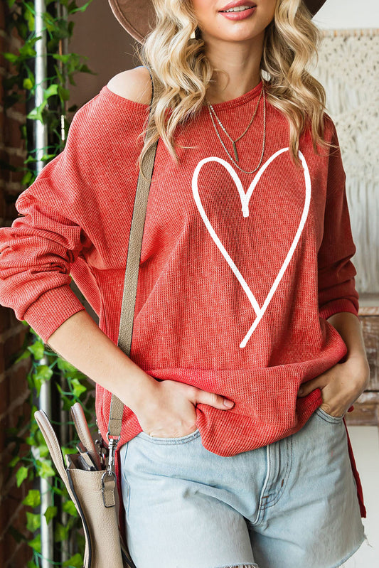 Red Heart Shaped Waffle Knit High Low Long Sleeve Top