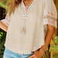 Beige Tassel Drawstring Embroidered Half Sleeve V Neck Top