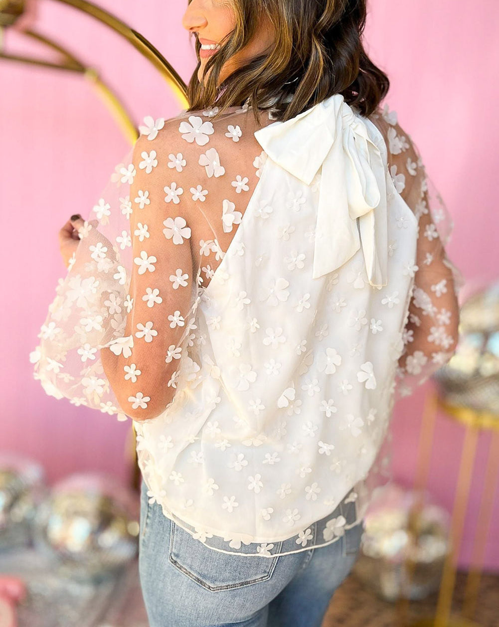 White Mock Neck Floral Mesh Long Sleeve Top