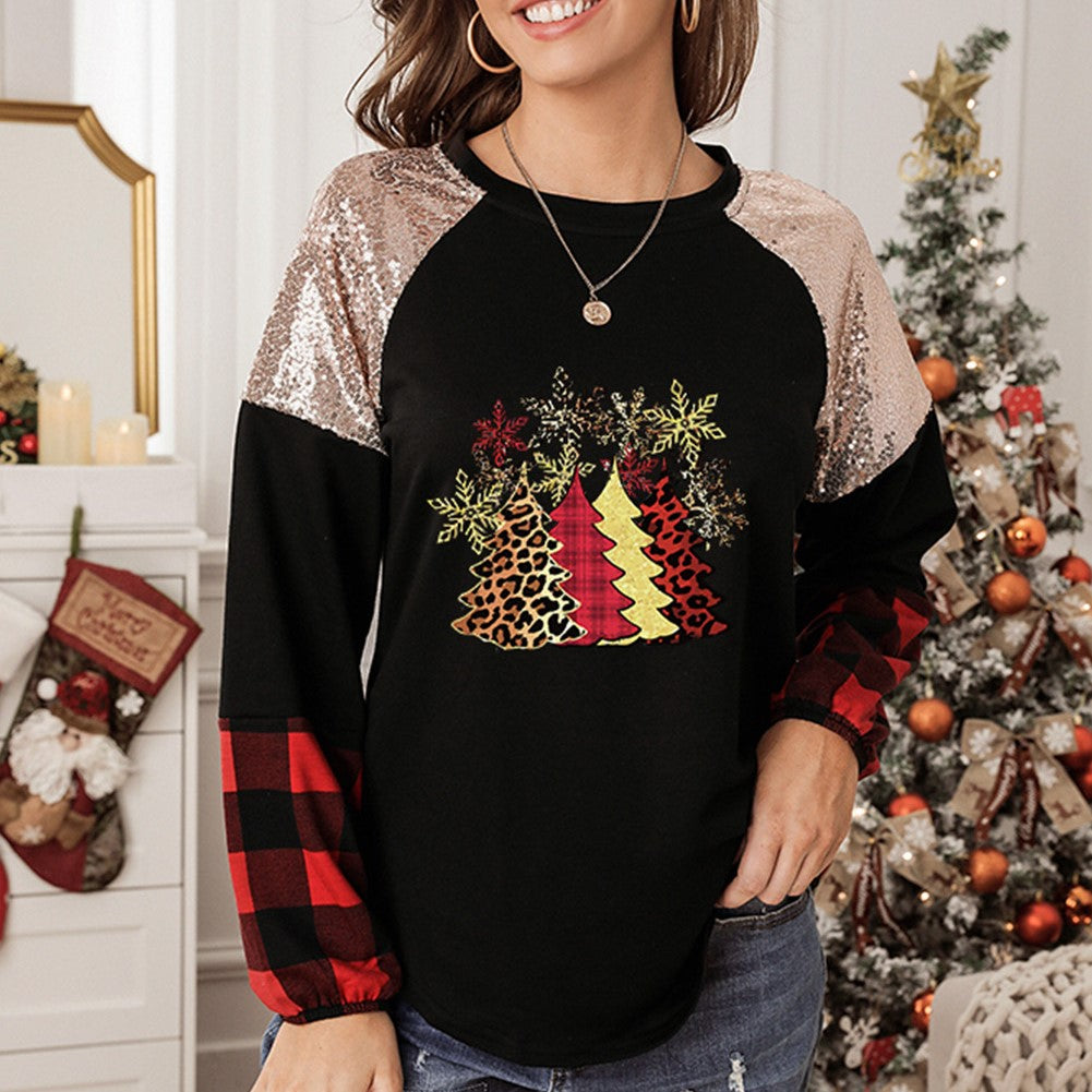 Christmas Tree Graphic Sequin Plaid Long Sleeve Top