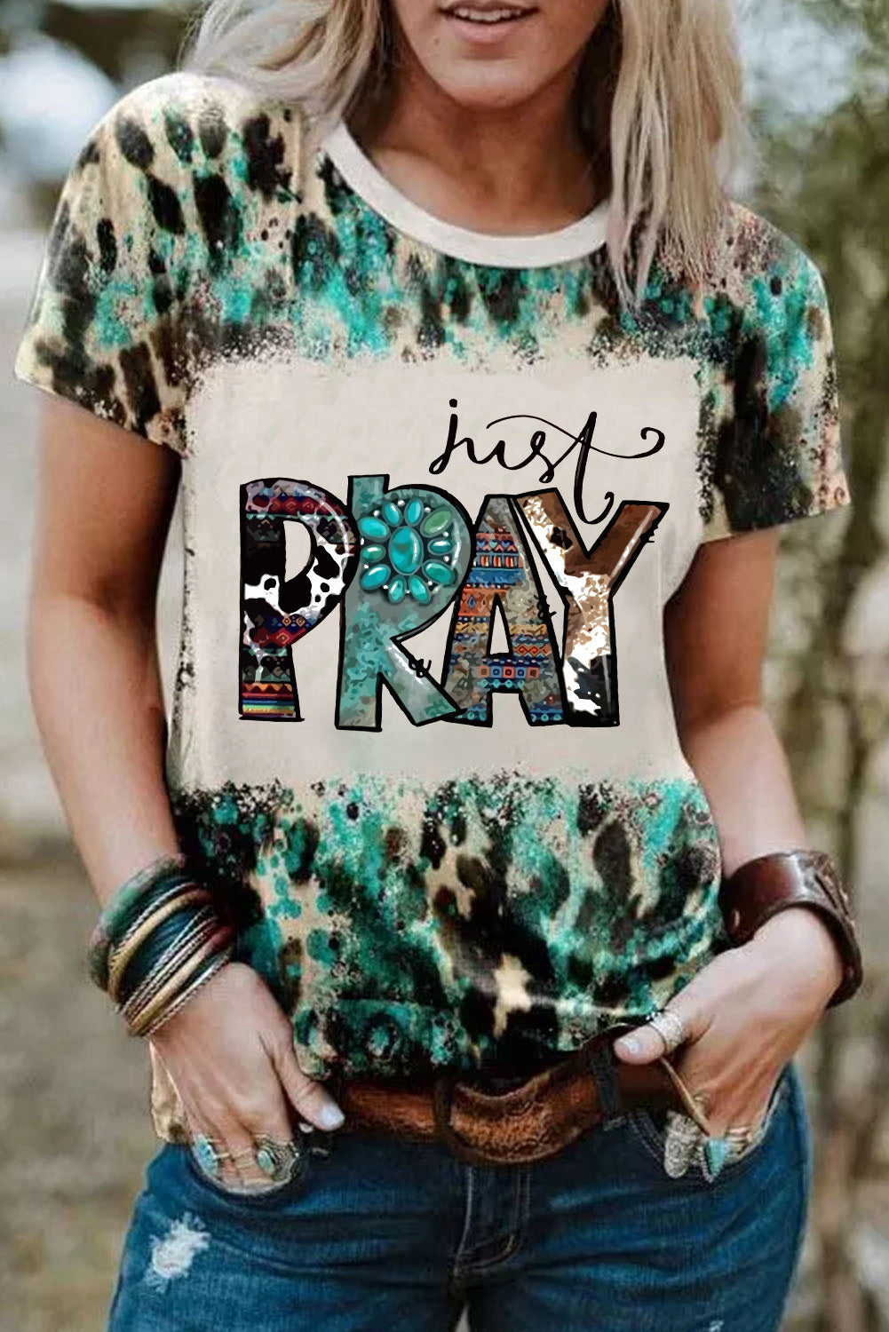 Leopard Just Pray Western Pattern Bleached Short Sleeve T Shirt