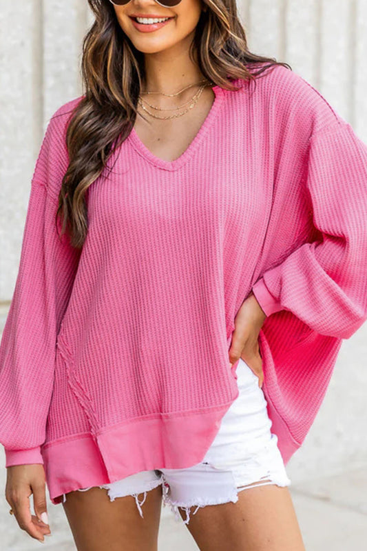Textured V Neck Drop Shoulder Loose Top