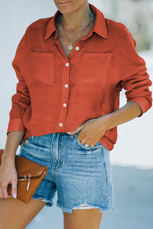 Red Loose Long Sleeve Buttoned Shirt with Pocket
