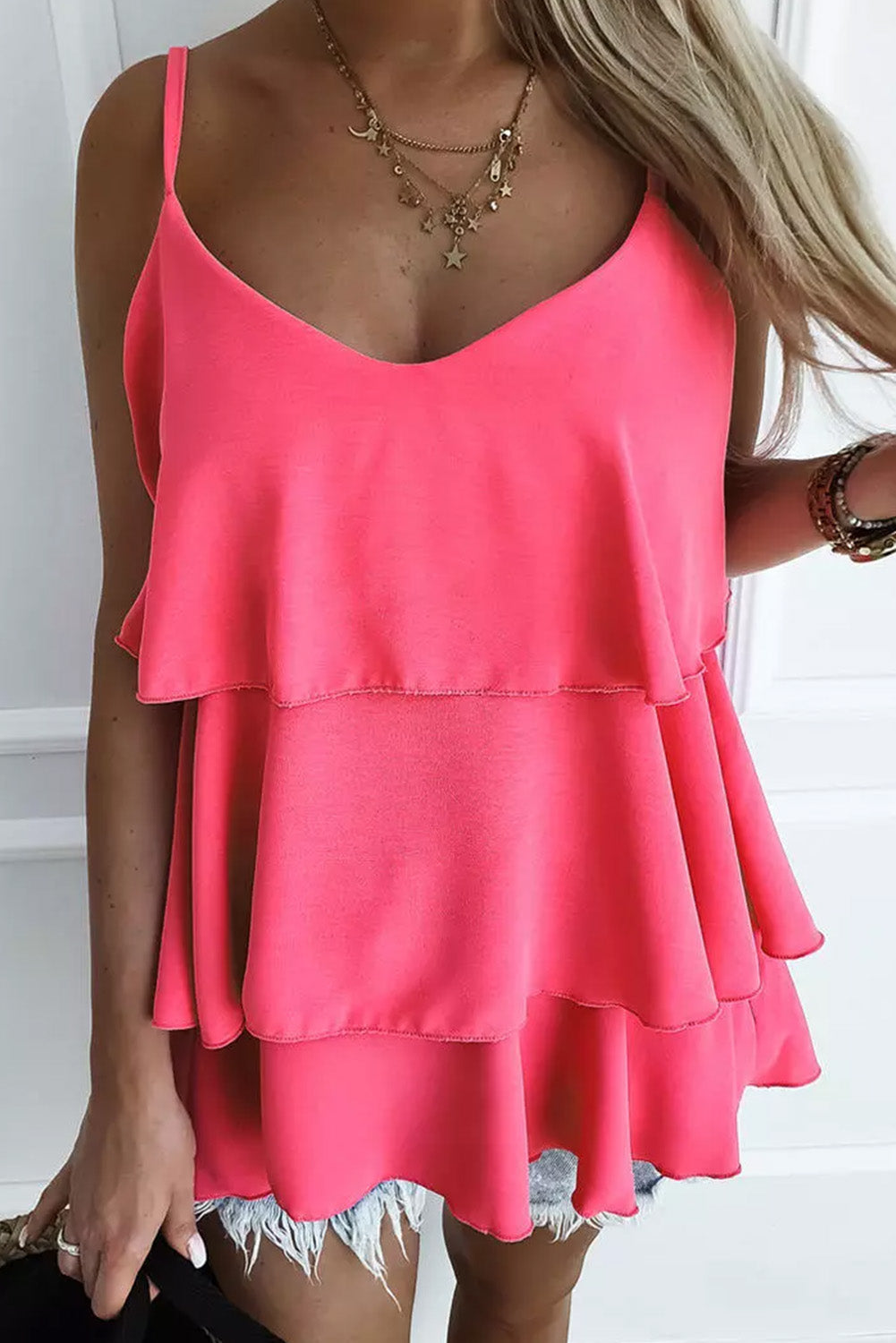Rose Ruffle Tiered Spaghetti Strap Tank Top